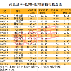 核电装机新目标定了 高股息率+低PE+低PB的概念股揭晓