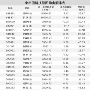 25只小市值科技股积极实施回购（股票）